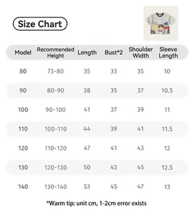Size chart for children's cartoon t-shirt with detailed measurements from 80 to 140 cm