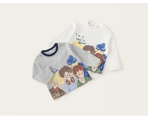 Detail view of cotton long sleeve kids tees with hand-drawn cartoon prints and contrast collar