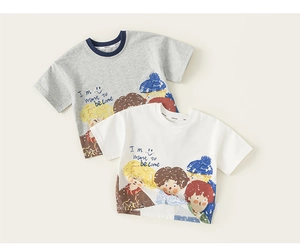 Detail of grey and white cotton T-shirts with colorful cartoon illustration and lettering