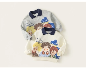 Detail of grey and beige cotton polo sweatshirts with colorful cartoon character prints
