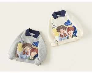 Detail view of cotton polo sweatshirts with turn-down collars and cartoon graffiti print
