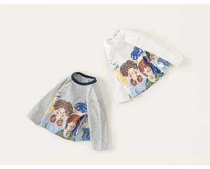 Close-up of kids long sleeve t-shirts with cartoon prints in white and grey