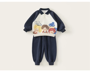 Close-up of kids navy and beige color-block polo sweatshirt with cartoon character prints