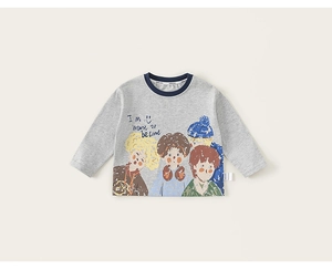 Close-up of kids grey sweatshirt featuring cartoon character prints and navy ribbed collar