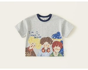 Detail of grey kids' cotton t-shirt featuring colorful cartoon characters and navy crew neck