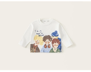 Detailed close-up of white cotton sweatshirt with colorful cartoon graffiti and mini mido label