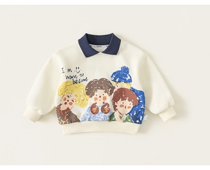 Close-up of kids polo sweatshirt with cartoon illustration and elastic ribbed cuffs