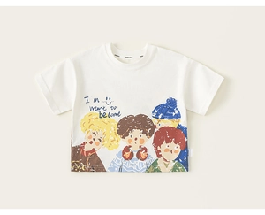 Close-up of ivory cotton kids sweatshirt with colorful cartoon character prints and text