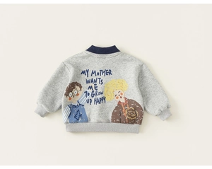Detail of grey kid's sweatshirt showing back cartoon graffiti print and slogan