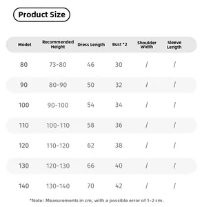 Detailed size chart for girls' plaid dress showing measurements for heights 73cm to 140cm