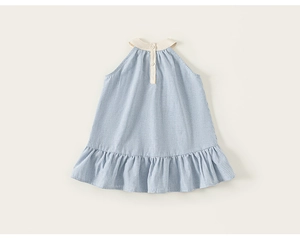 Detail of baby girl blue plaid summer dress with halter collar and ruffle hem