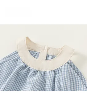 Detail of blue and white gingham dress with round collar and back button closure