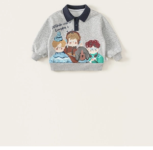 Close-up of boys and dog cartoon illustration on a grey heather cotton sweatshirt