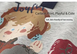 Close-up of grey knit fabric texture with colorful Joyful cartoon print for boys