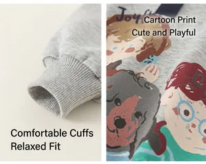 Detail of ribbed cuffs and colorful cartoon character print on grey kids sweatshirt