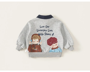 Detail of grey cotton sweatshirt back featuring artistic cartoon print and positive quote