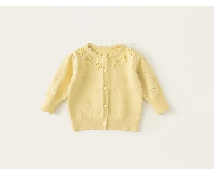 Close-up of the scalloped collar and intricate bow hollow knit pattern on this infant cardigan