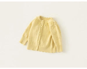 Close-up of light yellow knit cardigan with bow patterns and stereoscopic 3D bows