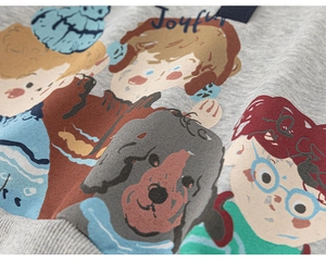 Detailed macro view of gray knitted fabric with colorful Joyful cartoon print for kids