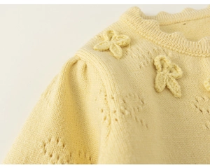 Close-up of knit cardigan with hollow wave collar and cute knitted bow detail