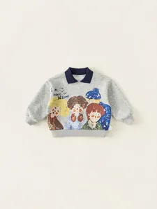 Kids Cartoon Graffiti Printed Polo Collar Sweatshirt Long Sleeve Casual Pullover Top Cotton Blend Boys Girls Sweater