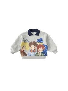 Kids long sleeve polo sweatshirt with cartoon graphic print and navy collar