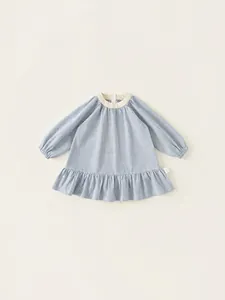 Dolce Abito da Principessa in Cotone a Quadretti Gingham per Bambine Manica Lunga con Bordo a Volant Girocollo Primavera