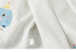Detail of grey kids sweatshirt with embroidered blue monster and colorful letters