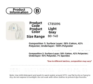 Detailed size chart and material specs for children light gray tracksuit set