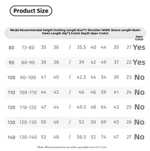Detailed size chart for kids sweatshirt set including height and garment measurements
