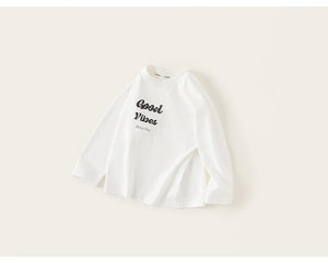 Detail of white cotton long sleeve T-shirt featuring Good Vibes letter print