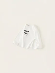 Boy's casual long sleeve white T-shirt with Good Vibes letter print and round neck
