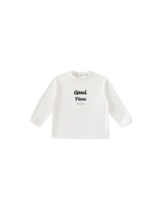 Boys long sleeve t-shirt in ivory white with black Good Vibes slogan print
