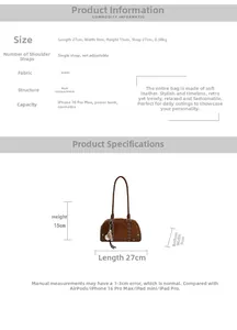 Detailed technical diagram showing dimensions of the brown suede underarm shoulder bag