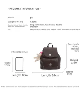 Detaillierte Größentabelle für braunen PU-Lederrucksack mit Smartphone-Größenvergleich