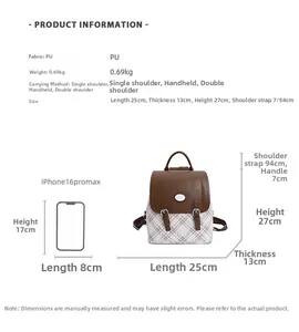 Detailed size specifications for the vintage plaid backpack with 25x13x27cm dimensions