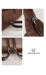 Detail of brown patchwork bag with matte suede texture and white contrast stitching
