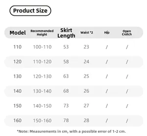 Size chart for girls traditional red hooded cloak featuring height and waist measurements