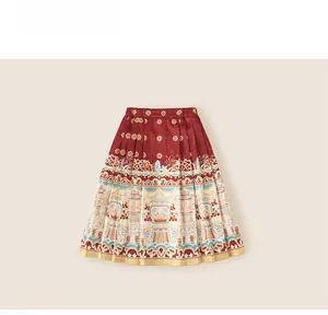 Detailed embroidery and traditional pattern on dark red Chinese style girl's pleated skirt