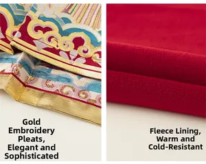 Detail view of girls' red New Year cloak showing golden brocade pattern and warm fleece lining