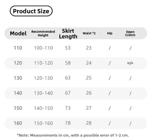 Size chart for girls traditional horse face skirt with height and waist measurements