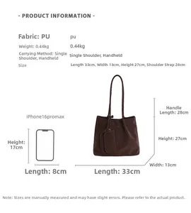 Detailed size chart for large PU leather tote bag with dimensions and phone comparison