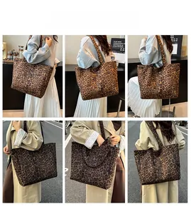 Collage di borsa tote con stampa leopardata mostrata in vari stili urbani e casual