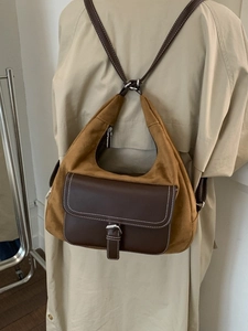 Brown frosted suede hobo bag with leather patchwork and metal buckle vintage style