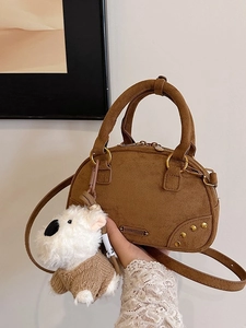 Retro brown faux suede bowling handbag for women with cute white plush dog charm