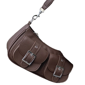 Retro dark brown lychee leather crescent shoulder bag with dual buckle front pockets