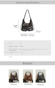 Detailed size chart and specifications for the large capacity vintage multi-pocket tote bag