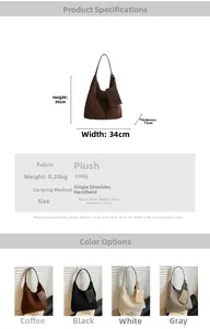 Detailed size chart and specifications for the vintage plush faux fur hobo tote bag