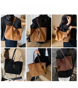 Model wearing a large capacity tote bag in coffee brown, black, and suede finishes