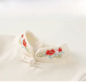 Detail of girls winter top with traditional Chinese mandarin collar and floral embroidery